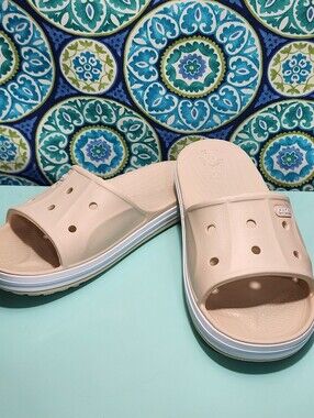 Crocs Bayaband Slide Sandals Beige Stucco Men's 8 Women's 10 Slip On Athletic